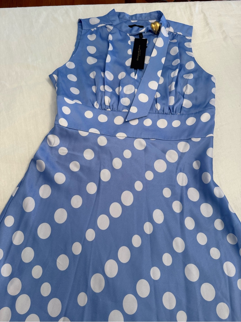 Donna Karan blue SATIN POLKA-DOT TIE-NECK MIDI DRESS - Picture 6 of 12
